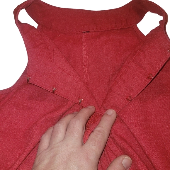 Red Linen Blend Embroidered Neckline Sleeveless Halter Dress - Picture 7 of 7